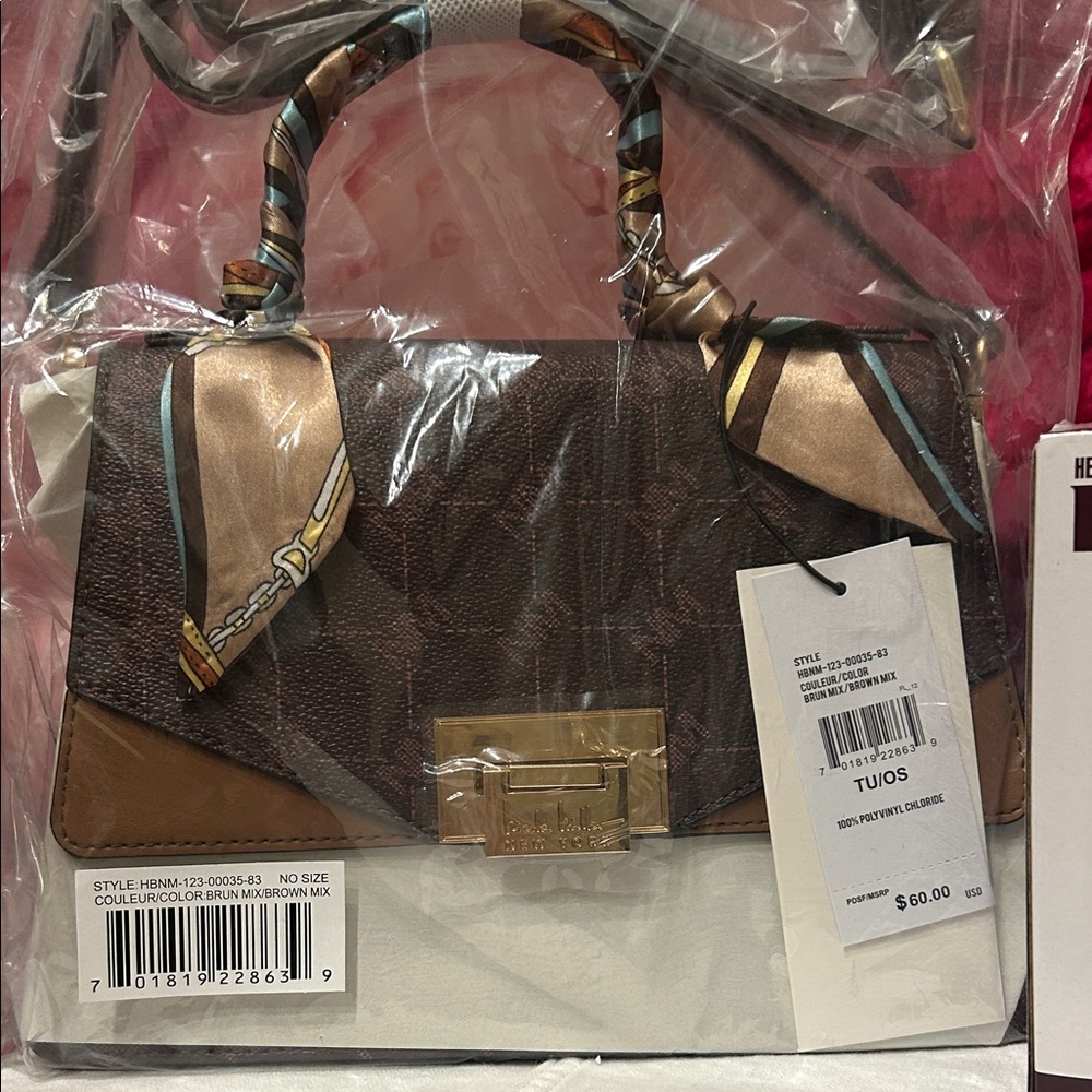 Nicole Miller Brown and Tan Satchel with Scarf-Wrapped Handles
